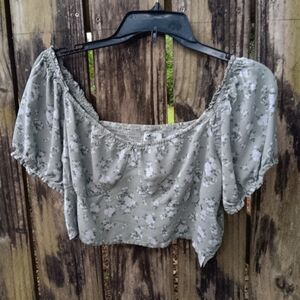 HOLLISTER Floral Green Crop Top with Puff Sleeves XL